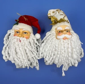 2 Vtg SANTA CLAUS Plastic Face Yarn Beard Hanging Ornament Holiday Christmas - Picture 1 of 10