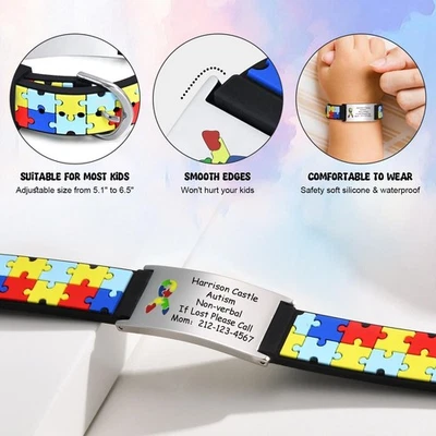 Pulsera de silicona personalizada con información de hielo para autismo para bebés niñas niños Foto 1 de 4