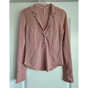 Free People Pink Long Sleeve Collar Henly Thermal Knit Top Sz S Boho Casual - Picture 1 of 5