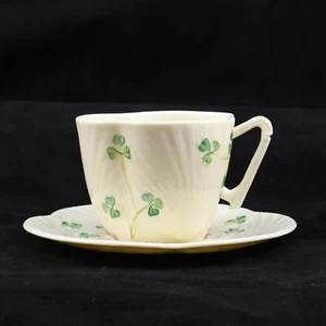 Vintage Belleek Flat Teacup & Saucer Set Harp Shamrock Gold Mark 1980-1992 EUC - Picture 1 of 9