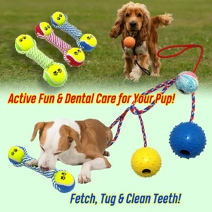 2 Pack Interactive Dog Toy Double Tennis Ball Rope Ball Puppy Fun Chew Treat - Picture 1 of 7
