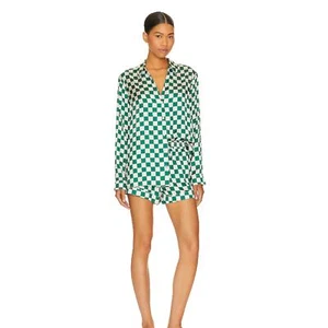 Show Me Your Mumu Revolve Pajama Set Shorts Button Silky Check Collar Green M - Picture 1 of 10