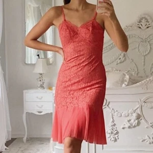 Vintage Vanity Fair Coral Pink Floral Lace Slip Dress Sundress Boho Small - Picture 1 of 9