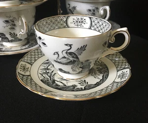 Rare 6 Royal Chelsea Asian Bird/ Floral Teacup Set, Elegant Black & White - Picture 1 of 9