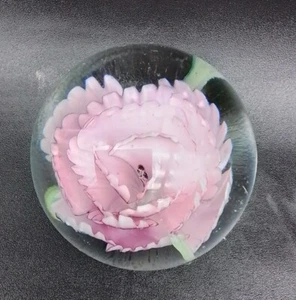Art Glass Paperweight with Pink Flower Beautiful Round Clear  - Picture 1 of 7