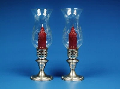 Pair Of W . M Rogers Sterling Weighted Candle Holders W/ Glass Hurricane Shades - Image 1 of 4