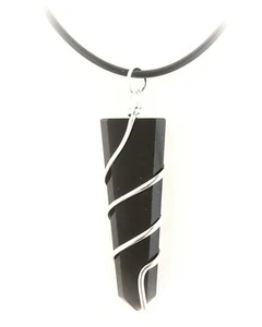 Unisex Men Woman Black Obsidian Wirewrap Pendant Necklace Rubber Cord Protection - Picture 1 of 3