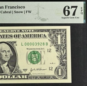 2003A $1 Federal Reserve Note PMG 67EPQ popular wanted low serial number 3928 - Picture 1 of 3