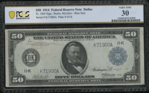 US 1914 $50 FRN Dallas FR 1064 PCGS 30 VF (900) - Picture 1 of 2