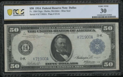 US 1914 $50 FRN Dallas FR 1064 PCGS 30 VF (900) - Image 1 of 2