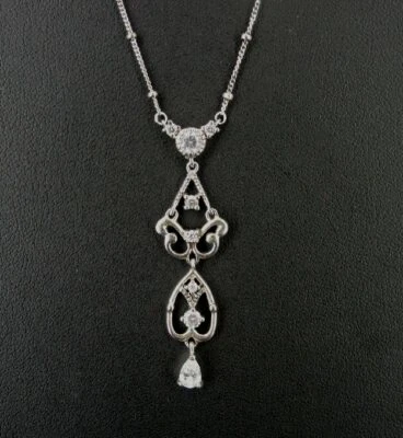 Collar Plata Gota Larga Circonita Cúbica Piedras Esterlina 925 Cadena con Cuentas  Foto 1 de 4