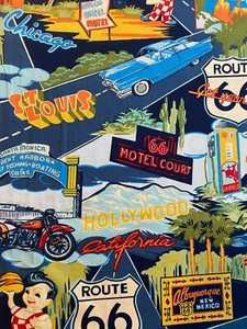 RETRO CARS MOTORCYCLE GAS STATION ROUTE 66 BIG BOY STATES LIGHT COTTON FABRIC FQ - Picture 1 of 7