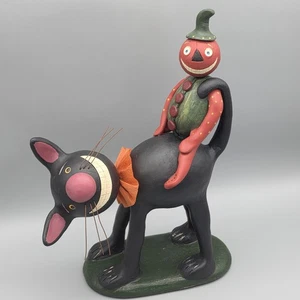 HALLOWEEN FOLK ART PAPER MACHE BLACK CAT & SITTING PUMPKIN ARTIST JULIE KARANIK - Picture 1 of 12