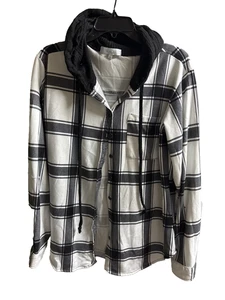 Eden & Olivia Women's Black Plaid Hooded Button Up Shirt size L #CUZ - Picture 1 of 2