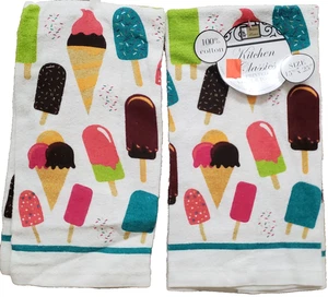 Set of 2 Same Kitchen Terry Towels (15"x25") MULTICOLOR ICES & ICE CREAM BARS,BH - Picture 1 of 7