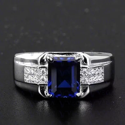 Anillo para hombre de 4,40 quilates con zafiro natural esmeralda con diamantes enchapado en platino 950PT Foto 1 de 4