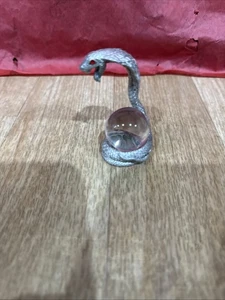 Small pewter cobra holding black orb with jeweled eyes - Picture 1 of 4