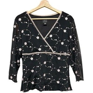 Y2K INC Shirt Women XL Shirt Black Pink Rose Embroidery Babydoll Mesh Gilmore - Picture 1 of 15