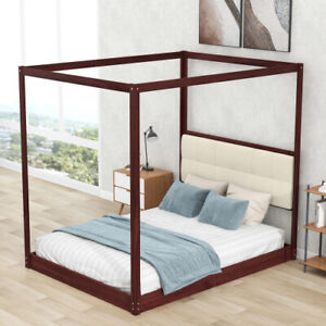 Queen/King Size Canopy Bed w/ Headboard Solid Wood Platform Bed Frames Floor Bed