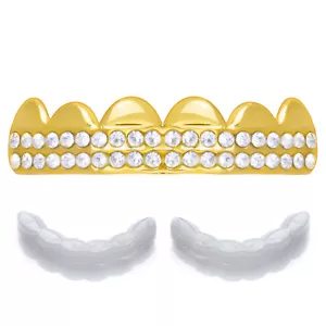 Men's Hip Hop Iced Grillz Gold Tone Top Cap Teeth L019 G Mold 1 extra Bar - Picture 1 of 3