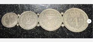 Seltene antike 1898 Queen Victoria Silber Maundy 1d, 2d, 3d, 4d zu einer Brosche gemacht - Bild 1 von 6
