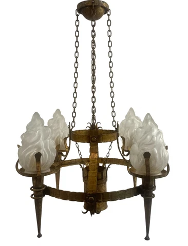 Vintage c1940s Hammered Wrought Iron Gothic Tudor 5 Light Chandelier Restored Cover