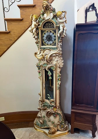 Antique Large Grandfather Clock - Cherub and Foliage Carvings - Very Detailed Cover