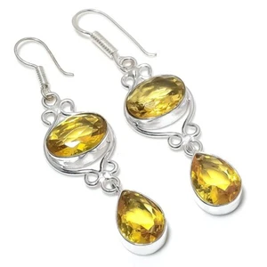 Yellow Citrine Gemstone Handmade 925 Sterling Silver Jewelry Earring Sz 2.4" - Picture 1 of 1