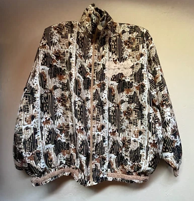 Chaqueta de Seda Vintage Colección Anney Mujer Cremallera Frontal Marrón Estampada Talla 1X Forrada Foto 1 de 4