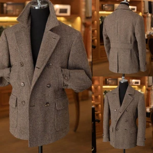 Men Casual Suit Jacket Brown Double Breasted Wool Over Coat Herringbone Tailored - Picture 1 of 6