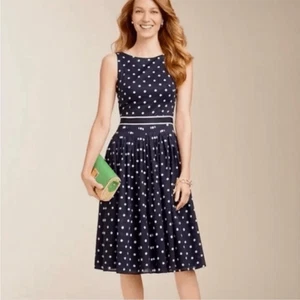 Talbots Women's Size 12P Fit And Flare Polka Dot Dress Sleeveless Navy White Cot - Picture 1 of 16