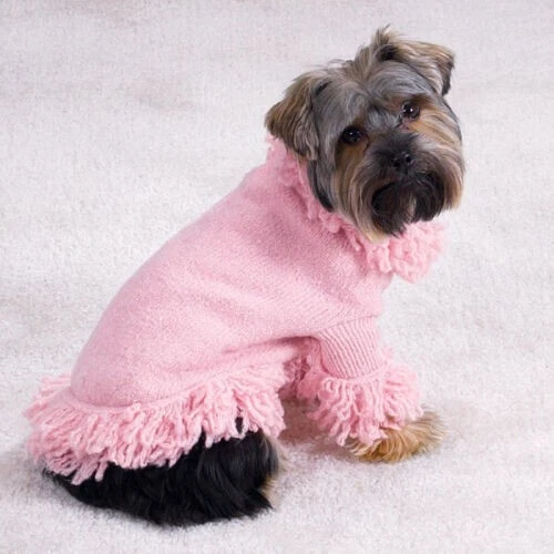 Small East Side Collection Stretch Knit Dog Sweater with Fringe in Blossom Pink - Image 1 of 3