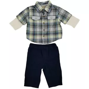 Genuine Baby by OshKo Boys Gray Blue Plaid 2 Piece Outfit Set Sz Infant 6 Months - Picture 1 of 12
