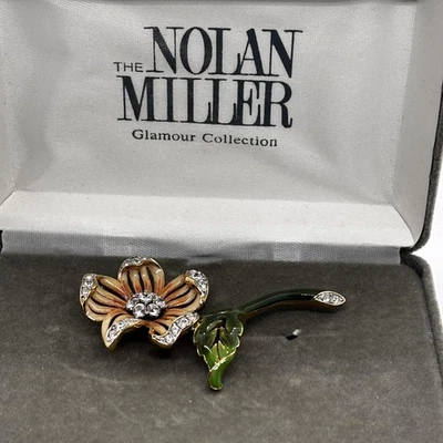 Vintage Nolan Miller Flower Brooch Pin Gold Tone Enamel Rhinestone Crystal Box - Image 1 of 4