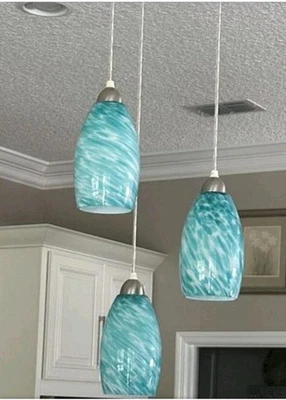 Lot Of Five Blue Swirl Glass Oval Pendant Shades~ 2.25” Fitter 7.72" Height - Image 1 of 4