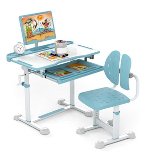 Kinder Arbeitszimmer Schreibtisch und Stuhl Set mit neigbarem Schreibtisch und Bücherständer - Blau - Bild 1 von 12