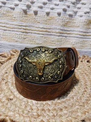 Cinturón de cuero marrón occidental Tooled floral Steer/rollo de dirección tono dorado... Foto 1 de 4