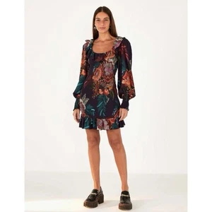 Vestido Farm Rio Flor Bufandas Calado Manga Larga Púrpura Floral Mini Talla Grande - Imagen 1 de 8