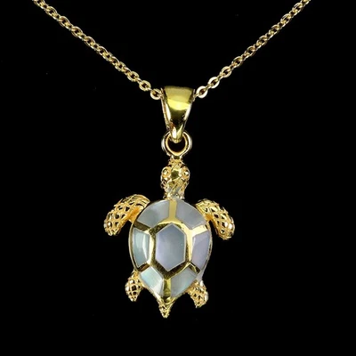 925 Sterling Silver Necklace Fancy Mother Of Pearl Turtle Gemstone Jewelry 18in - Image 1 of 4