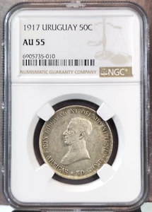 1917 URUGUAY SILVER 50 CENTESIMOS JOSE ARTIGAS NGC AU 55 RARE HIGH GRADE BEAUTY - Picture 1 of 3