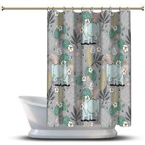 Cartoon Bathroom Shower Curtain /Waterproof Fabric - Cute Elephant Flowers Green