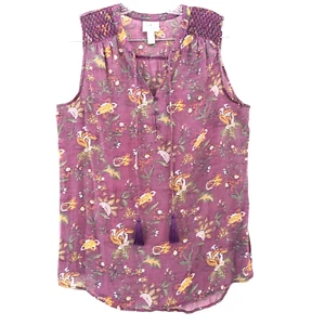 Camisa sin mangas St Johns Bay grandes flores silvestres borlas malva rosa lavanda - Imagen 1 de 7