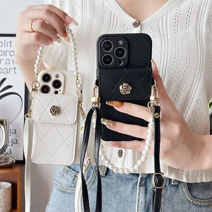 For Huawei Crossbody Card Wallet Case Pearl Strap Phone Cover Fashion Women Girl - Picture 1 of 15