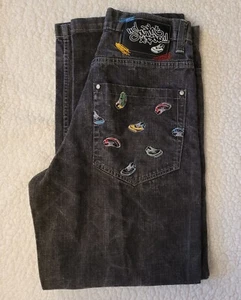 Pantalones de mezclilla vintage Y2K Grunge Streetwear Southpole bordados talla 34 negros - Imagen 1 de 12