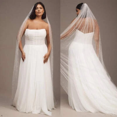 Elegant Wedding Bridal Veil Cathedral Length Pearls Edge Lace With Comb - Image 1 of 4