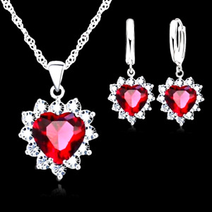 925 Sterling Silver Red Cubic Zircon Crystal Heart Necklace Pendant Earring Set