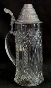 Antigua tapa Stein de cerveza alemana de vidrio prensado 9,5" Gerstensaft Frohsinn Schofft - Imagen 1 de 21