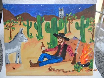 Cowboy donkey desert painting original 9 x 7 in gun owl whiskey ooak - Image 1 of 4