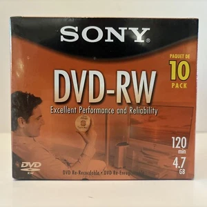 Sony DVD-RW Re-Recordable DVD 4.7GB 10 Pack w/ Cases 120 Minutes NEW SEALED - Afbeelding 1 van 6