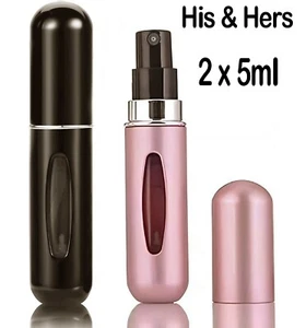 Refillable Perfume Atomiser 5 ml Spray Pump His & Hers Bottles Travel Holiday x2 - Picture 1 of 6